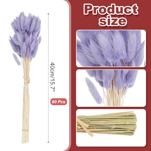 15,7 Inch Bunny staarten gedroogde bloemen, 80 stuks Pampas Grass decoratie Konijn staart Natuurlijke Pampas Gras Losse Fluffy gedroogde Pampas gras, paars
