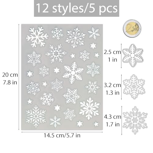 5 Vellen Kerstmis Stickers, Sneeuwvlokken, Glitters Sterren, Wit, Kerstmis Decoratie, Glitter Stickers voor Gift, Scrapbooking, Kaarten, Groetkaarten, Enveloppen, Pakketten (White)