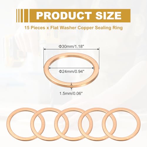 M24 Koperen Afdichting Ring, 15 st 24mm ID 30mm OD 1,5mm Dikte Metric Flat Seal, Wasmachine, Crush Washer voor Schroeven, Bolts, Olie Drain