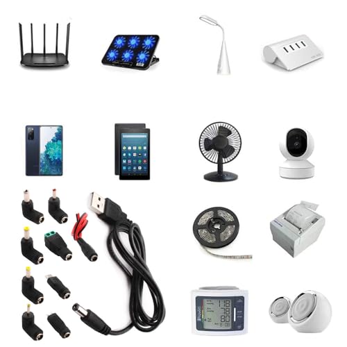 Universal USB to DC 5V Plug Cable, 9-in-1 USB A to Hollow Plug, DC Adapter Cable for Routers, Mini Fans, Speakers and Other 5V Devices (1m, Black) 5