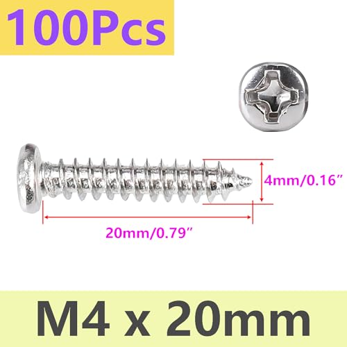 Verpakking van 100 koolstofstaal zelftappende schroeven M4 x 20mm lenskopschroeven, zelfboren Ronde kopschroeven, Phillips hoofdschroeven