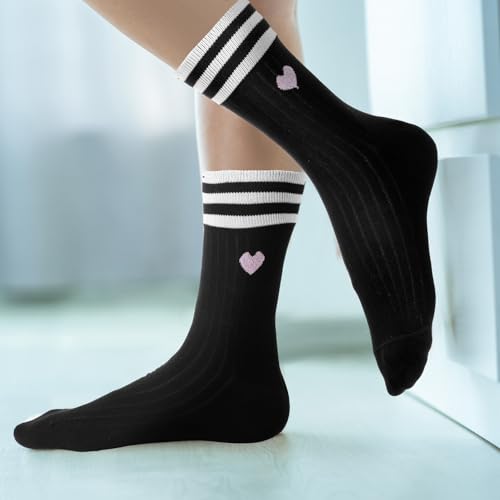 1 paar zwarte sokken voor vrouwen, maat 36-43, Cotton White Retro Tennis Tennis Sokken met hart, ademend, katoen voor meisjes, tieners (zwart)