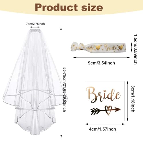 Bruidsaccessoires, 3 stuks, witte bruid Veil met Comb, gouden bruid tatoeage, witte bruid armband, bruid vrijgezellenfeest Accessoires voor kippenfeest, bruidsdecoratie 3