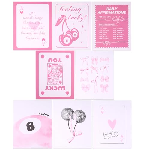 8Stuks Roze Preppy Wanddecoraties, 20x25cm Frameless Coquette Room Decoratie Esthetische Bow Disco Ball Cherry Decoratieve Posters voor meisjes kamer slaapzaal (8 stijlen)