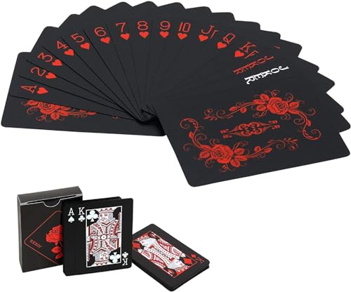 54 stuks Poker speelkaarten Black Deck of Poker Card met rozenpatroon en bloemenondersteuning, Classic Magic Tricks Tool - Super waterdicht PVC Kaarten
