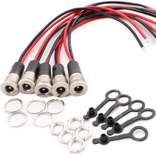 5Scs Power Jack Socket 5.5 x 2.1mm, Vrouwelijke DC 12V 10A Holle Plug Bushing Panel Mount Kit, Low Voltage Connector met Kabel 15cm + 5x Rubber