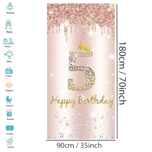 5e verjaardag meisje decoratie, gelukkig 5e verjaardag deur Banner Rose Gold, 5e verjaardag stof teken poster deur decoratie, 5e verjaardag achtergrond Banner, verjaardag partij welkom tekenen