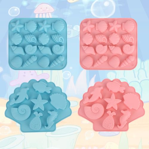 4 Stampi per Fondente a Tema Marino, 2 Misselijke Stampi in Silicone a Forma di Conchiglia Stella Marina Accessorio per la Cottura fai da te di Cioccolato Caramelle e Fondente (Blue and Pink)