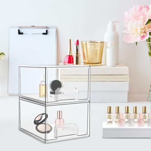 2 stuks Stapelbare opslagladen Make-up Organisator Opslag laden, 19 x 15.2 x 16,7 cm, Plastic Cosmetic Badkamer Organizer, Duidelijke Lade Organisator, Acryl Organizer, met 16 Non-Slip Mat (A) 4