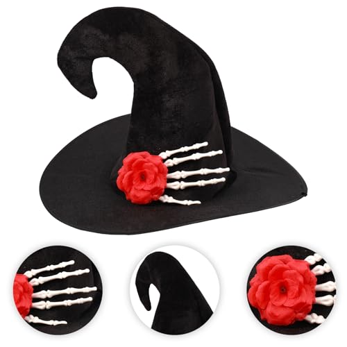 Witch Hat voor volwassenen, Halloween Wizard Hat met rozen en schedel hand patroon Cosplay kostuum accessoires voor Halloween Party (zwart) 4
