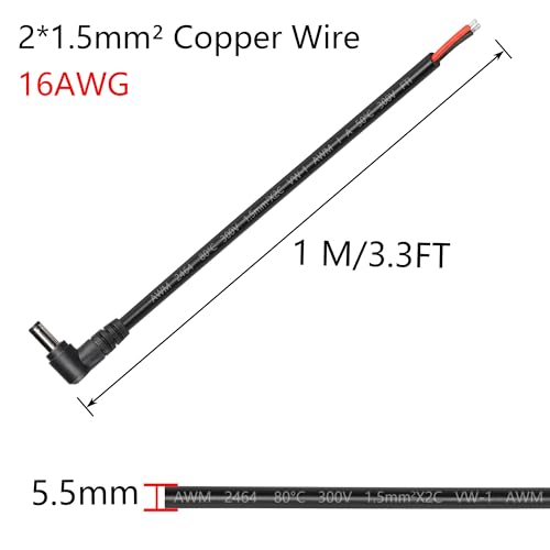 Set van 2 DC Extension Cable, 90 Degree DC 5.5mm x 2.1mm, Plug on Bare Wire, Open End, Voeding, Vervanging Reparatie Kabel, voor Monitors, LED Strip Light, CCTV Bewakingscamera 5