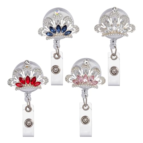4 stuks intrekbare badge-rollen, kroon badge rollen met strass steentjes cabochons badge reel clip voor verpleegkunde kunstsen naamplaat display, legering kristal clip, 12,3 cm