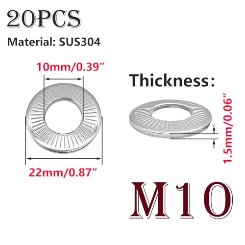 Verpakking van 20 Flat Washers M10 Knurled Spring Discs Belleville Spring Discs 304 Roestvrij stalen Wedge Keukenringen voor Schroeven en Noten