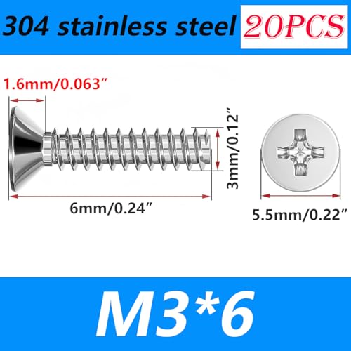 20 st. 304 Roestvrij staal Phillips Plat hoofd, Machine Schroeven, M3 x 6mm Montageschroeven voor doe-het-zelf Carpenters, Meubilair