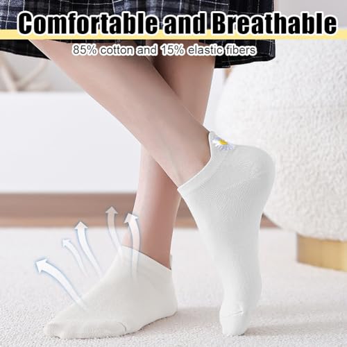 Sneaker sokken voor vrouwen, 4-7, 7 paar, Weekly, schattig geborduurd Daisy enkelsokken, ademende katoenen sokken voor vrouwen meisjes, wit, 4-7, wit 5