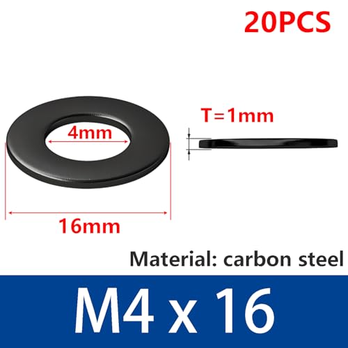 20 stuks platte ringen, M4 x 16mm Body Washers, Carbon Steel Ronde Afdichtingsringen, voor draadbeugel, schroeven en bouten, zwart