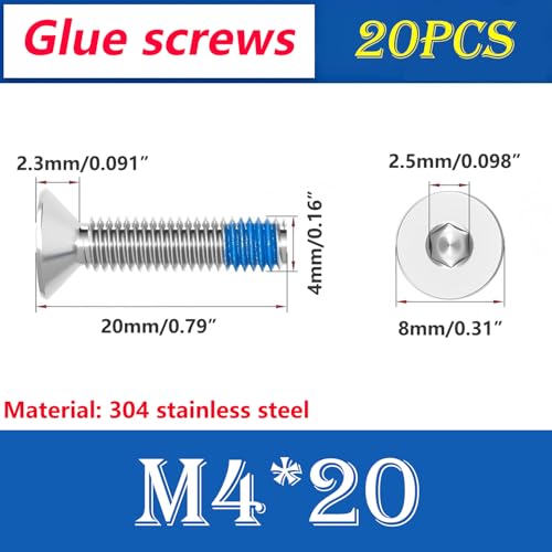 Verpakking van 20 verzonken schroeven M4 x 20 mm met zeshoekige stopcontact standaard DIN 7991, kleine schroeven met schroefdraad met coating van Threadlock