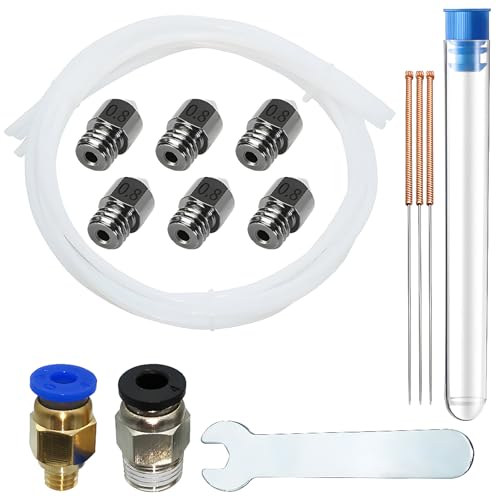 Geharde stalen nozzles, verpakking van 6 gehard staal 0,8 mm met PC4-M6-M10 (1P + 1P), 3 x 1 m Teflon slang, 3 x 0,8 mm Reinigingsstaal Naald en 6 mm sleutel, voor 1,75 mm