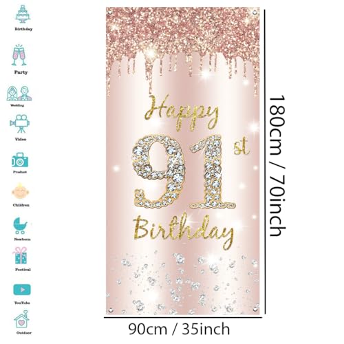 91st Verjaardag Decoratie Vrouwen, Gelukkig 91st Verjaardag Deur Banner Rose Gold,91st Verjaardag Stof Tekenposter Deur Decoratie,91e Verjaardag Achtergrond Banner Dames,Birthday Party Welkom Teken