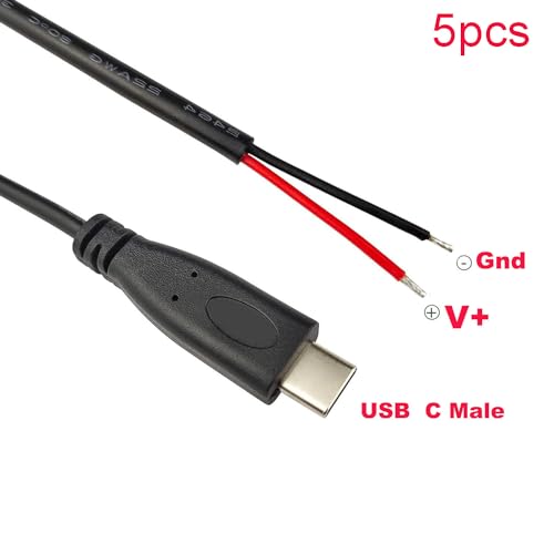 Pak van 5 USB C Plug Kabel USB C Plug Soldering 22AWG 5V 3A 2-Wire USB C Extension Kabel (1m) voor Arduino LED Strips 3