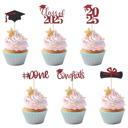 24st 2025 Graduation Cupcake Toppers, Glitter Gefeliciteerd Klas van 2025 Grad Cap Diploma Cupcake Picks 6 Styles Graduation Thema Cake Decoraties Foto Props Partij Supplies (rood/zwart)