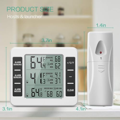 Draadloze therometer, draadloze digitale hoorbare alarmkoelkastthermometer met 2PCS sensor Min/Maximum Beeldscherm 3