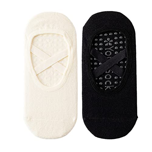 2 paar Yoga Sokken Vrouwen, Non-Slip Sportsokken met Cross Strap, Geschikt voor Yoga, Dans, Fitness, Martial Arts, Gymnastiek, Ballet, Trampoline, One Size Past Iedereen, Zwart en Wit