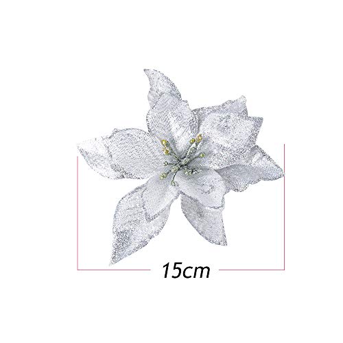 Kerst Bloemen 24 Pieces Zilver Glitter Kunstbloemen Ornamenten Kerstboom Decoratie Kerstmis Krans Decoratie voor kerstbomen Advent Kralen