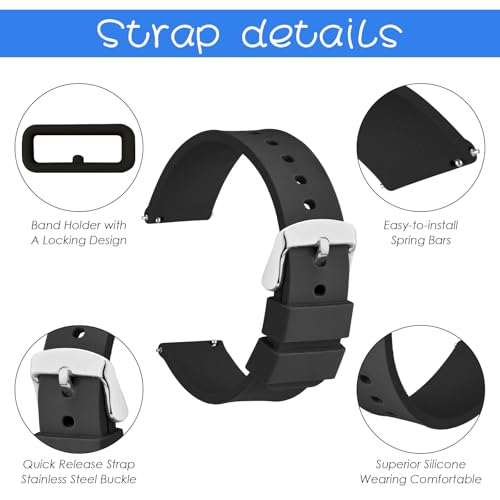 Pakket van 2 Siliconen horlogebandjes, 20mm Siliconen horlogebandjes met Quick Release Band, Siliconen horlogebandjes met Zwarte of Zilveren Roestvrij stalen riem 5