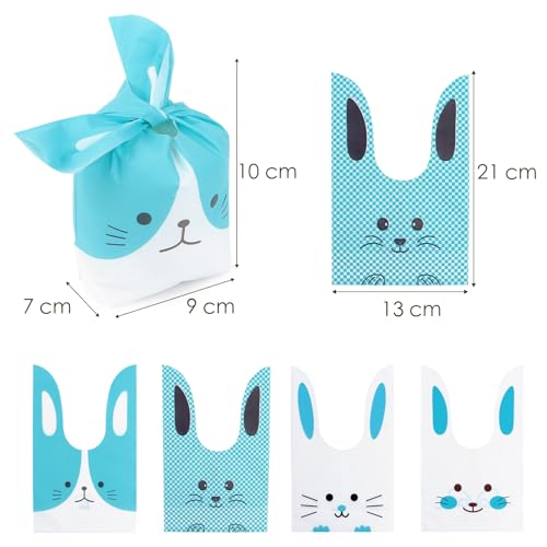 Verpakking van 32 Pasentassen voor kinderen, Cadeautassen, Konijntje, Blauw, Gastencadeau voor Sweets, Blauw