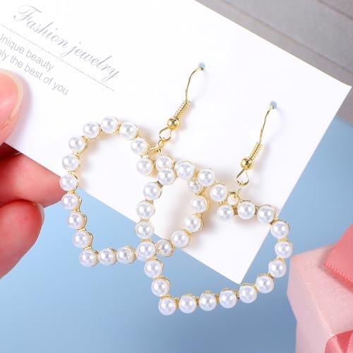 Parel oorbellen voor vrouwen White Plated Hart Hoop oorbellen Drop Dangle Verklaring Oorbellen Lange Ketting Tassel sieraden voor vrouwen meisjes Valentijnsdag Kerst bruidsbruiloft, zinklegering, zink 4