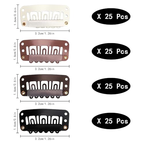 100 st U Vorm Snap Clips, 32mm 6 Tanden Geen Naai Metalen Haarstukken, 4 Kleuren, Volwassen Unisex, 1 Aantal (pakket van 100), Zwart, Off White, Bruin, Licht Bruin