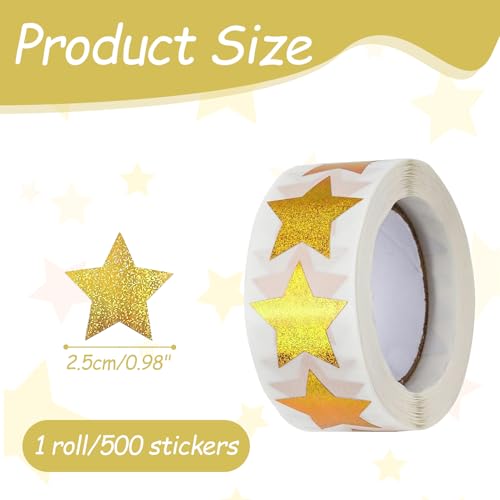 Pack van 500 Gold Star Stickers, Sparkling Stars, Stickers, Glitter Stickers, 2,5 cm, Self-Adhesive Decorative Star Stickers, voor gedragsdiagram, etiketten, educatieve benodigdheden (1 Roll, Gold) 4