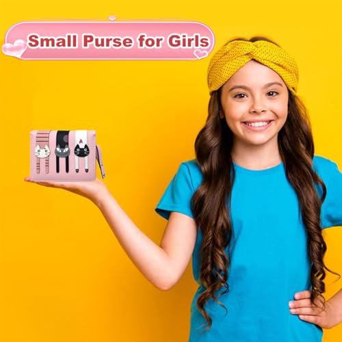 Meisjes portemonnee voor tieners, schattige cartoon kat kids portemonnee kleine PU lederen portemonnee voor meisjes met rits munt kaart stempel foto-opslag, Zwart, Modern