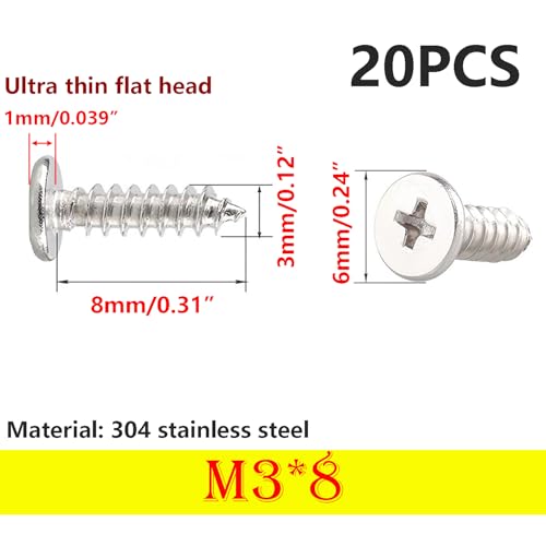 20 st. Zelftappende schroeven, M3 x 8mm Phillips Houtschroeven, Ultra-dunne Flat Head Schroef