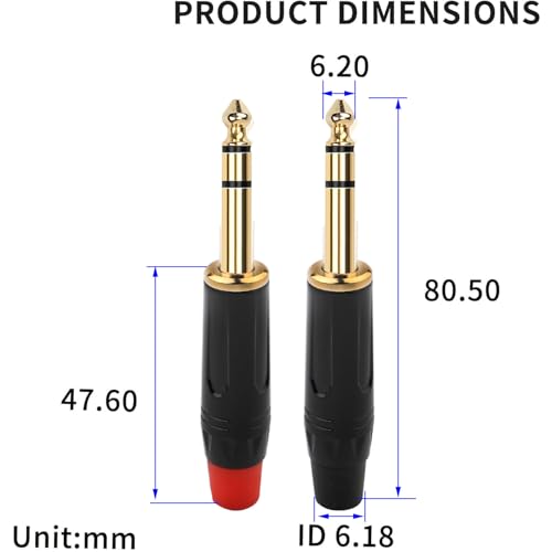 1/4" Audiopluggen 6.35mm Plug TRS Man 1/4" Solder Type Stereoplug voor DJ Mixer Speaker Kabels Gitaarkabel Phono Patch Kabelmicrofoonkabels (4 Pack)