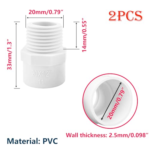 2 stuks PVC buizenfittingen, 20mm x 1/2 Inch Man Thread Slangverbindingsstukken, voor Aquarium, Tuinslangsystemen