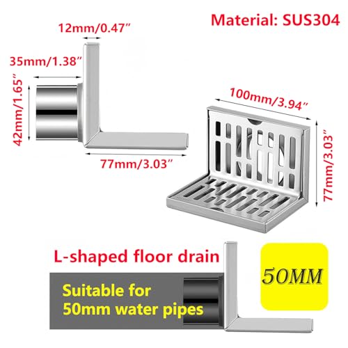 1 stuk roestvast stalen vloer afvoer, hoekvloer afvoer, zijafvoer, geurdicht, balkonwand afvoer, voor 50 mm leidingen