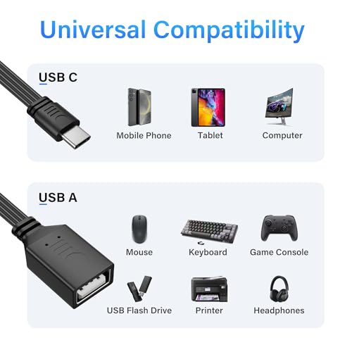 USB-C naar 4 USB-A Splitterkabel, USB 2.0 Extension Kabel met meerdere poorten opladen en gegevens synchroniseren, OTG-ondersteuning, 480Mbit/s Transfer 1m (S) 4