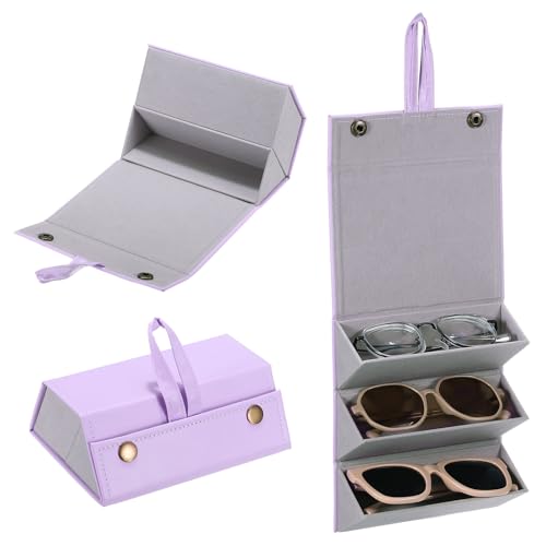 Zonnebril Organisator voor Reizen, Opvouwbare Zonnebrillen Houder met 3 Slots, Lederen Zonnebril Opslag Organisator, Draagbaar voor Meerdere glazen Organisatie, Paars, Paars, 6.3 x 4.7 x 2.3Inch