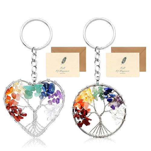 Sleutelhanger Boom Zadel leven, Mooie Ronde Hart 7 Healing Crystal Chakra Keychain Boom van het leven Keychain Lucky Charm Keychain Boom van het leven stenen met kaart, helder, paars, blauw, helder