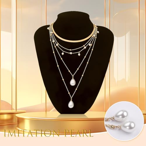 Multi Row Gold Pearl Ketting met hanger Choker Boho Gold Plated voor vrouwen Valentijnsdag Thanksgiving Gold, Goud 4