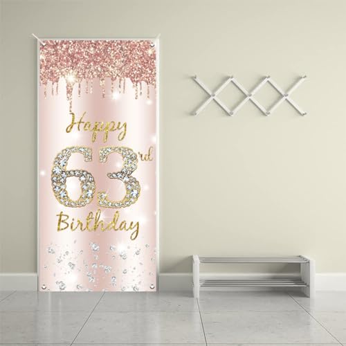 63e verjaardag decoratie vrouwen, Gelukkig 63e verjaardag deur banner roos goud,63e verjaardag stof teken poster deur decoratie,63e verjaardag achtergrond banner dames, verjaardag feest welkom teken 5