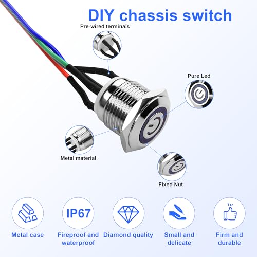 DIY Computer Switch, Power Button, 16 mm LED, PC Power Switch met 1 tot 2 Splitters, Vernikkeld Aluminium, Mechanische Knop, IP67 Waterdicht, Blauw Achterlicht, 60