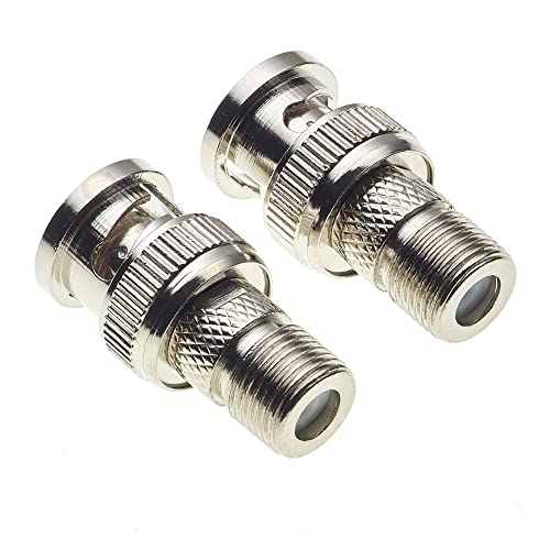 BNC Plug to F Type Socket Adapter, Pack of 2 - Nickel Plated with Zink Body Connectors, Connector for Scanner, Camera, RF Radio Antenna and Video Applications, CCTV Barrel Coupling