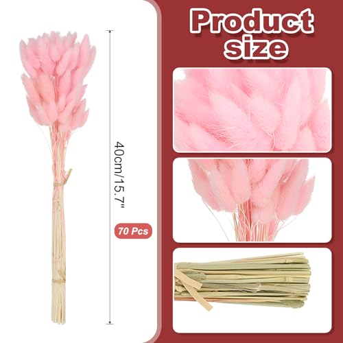 15,7 inch Konijn staart gedroogde bloemen, 70 stukken natuurlijke zachte kunstmatige gedroogde konijn staart voor thuis decoratie, Boho vaas, bruiloft, roze