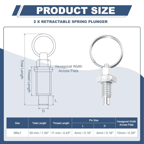 Veerploppers met trekring, M6 x 1 roestvrij staal, trekring, indexerende longer, intrekbare veerhandplunjer voor mallen, kast, industriële installaties, 2 stuks
