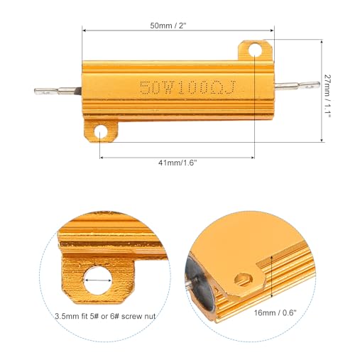 50W 100 Ohm aluminium Shell Resistor, 2 stuks, aluminium behuizing Resistors met behuizing, schroef wondresistors, 5% prestatietolerantie, goud plated