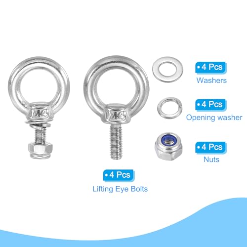 Ringoogschroeven, M4 x 11 mannelijke draad Roestvrij staal 304 met Seal Hex Nut Flat Washers voor het ophangen van draad touw ketting, 4 sets 3