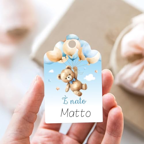 60 stuks etiketten voor baby geboorte in het Italiaans met touw (jongens) 4